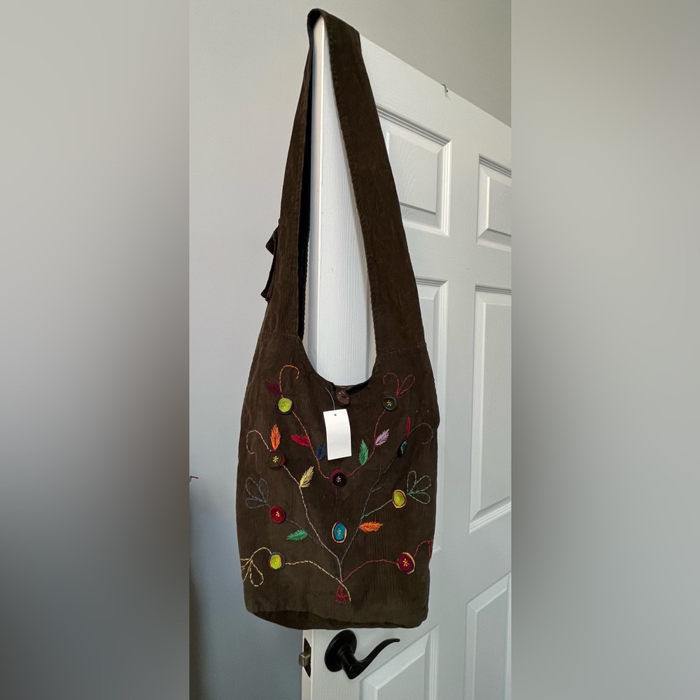 Boho Embroidered Brown Corduroy Cross Body Bag pocketbook